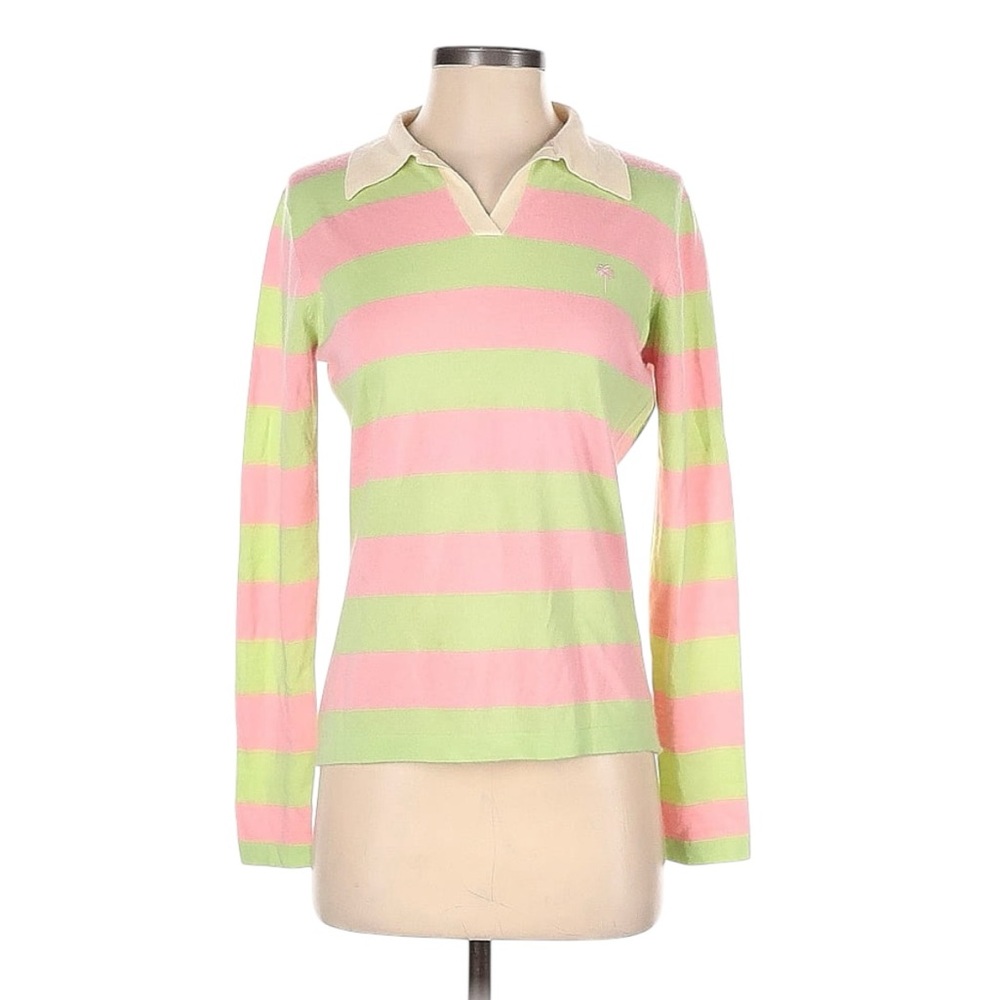Lilly Pulitzer Pink & Green Striped 100% Cashmere Collared Sweater - Size S